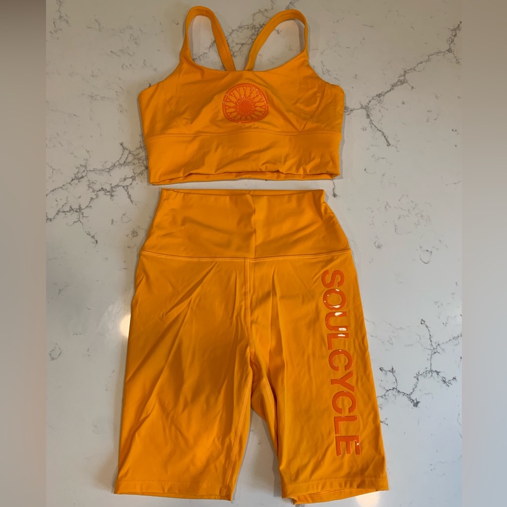 SoulCycle Biker Short Sports Bra Matching Workout Set Size Small Yellow Orange